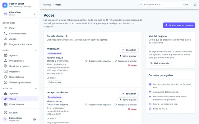 Pantalla de voces con las grabaciones del negocio, su duración y quién las grabó
